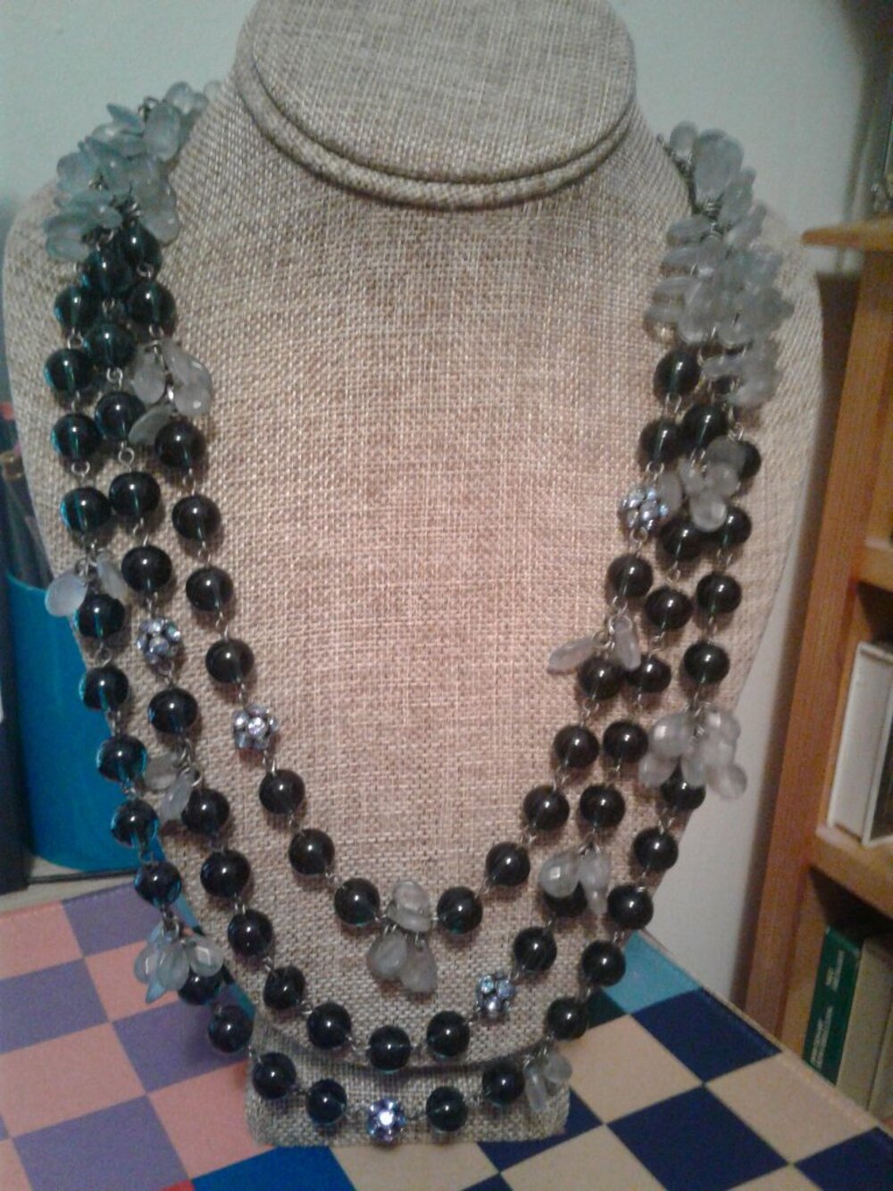Dark Blue Glass Beads & Smoky Grey Plastic Beads Coldwater Creek Necklace 34"L